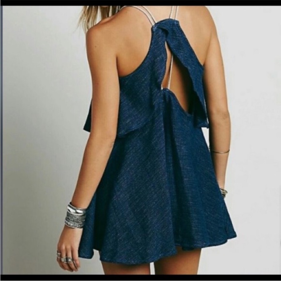 Free People NWOT blue sapphire fly away mini dress open back halter neck - Picture 1 of 12